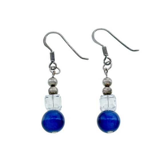 Vintage Sterling Silver 925 4.2cm Blue Bead Dangle Earrings - Picture 1 of 5